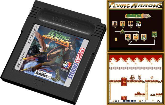 Cartouche et deux captures d'écran de Flying Arrows sur Game Boy