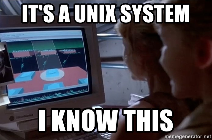 Image extraite du film Jurassic Park, avec la phrase extraite du même film (même passage) : « It’s a Unix system, I know this! »