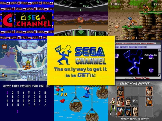 La publicité de SEGA Channel ("The only way to get it is to GET it!") devant des captures d'écran de jeux et programmes
