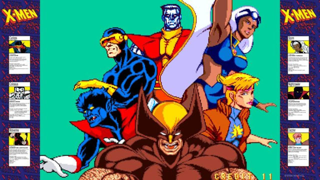 Écran de l'introduction avec tous les personnages de X-Men: The Arcade Game