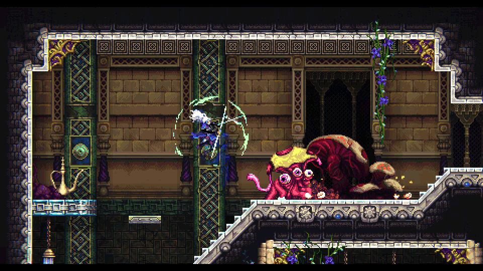 Une héroïne aux longs cheveux blancs bondit avec son arme sur une horreur cosmique dans une décor oriental dans Silent Planet (Windows)