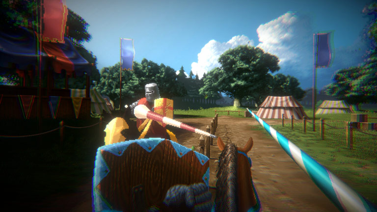 La séquence de joute en vue subjective de Defender of the Crown: The Legend Returns, dans un pixelart plus fin et stylisé que l'original