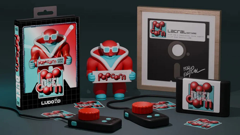 La cartouche et la boite de Popcorn Duel sur Mega Drive, deux manettes à mollette, des autocollants, une figurine et une disquette 5"1/4 encadrée et dédicacée