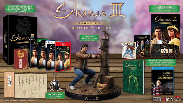 Le contenu de l'édition collector (dont une figurine de Ryo frappant un rondin) de Shenmue III Enhanced sur PC, Xbox Series, PS5 et Switch 2