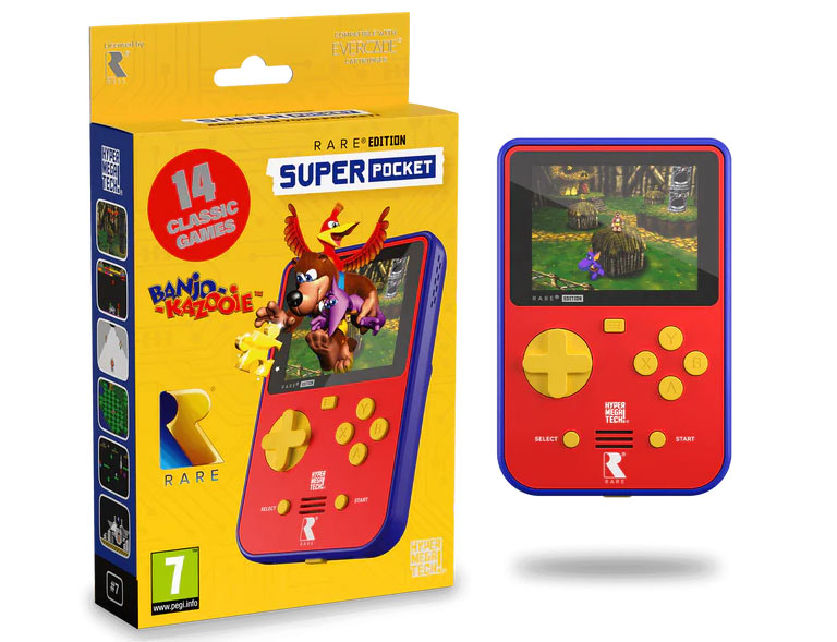 La Super Pocket Rare Edition, rouge avec des boutons jaunes, et sa boîte aux couleurs de Banjo-Kazooie