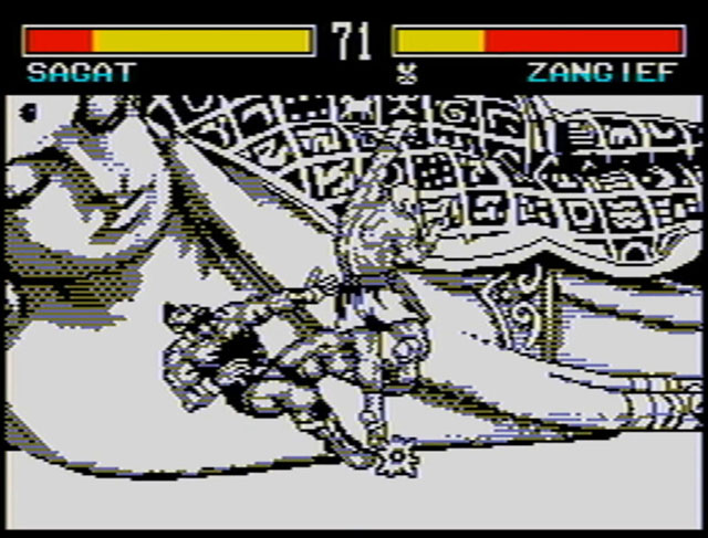 Sagat donne un uppercut à Zangief dans Sweet Fightin’ +II sur ZX Spectrum