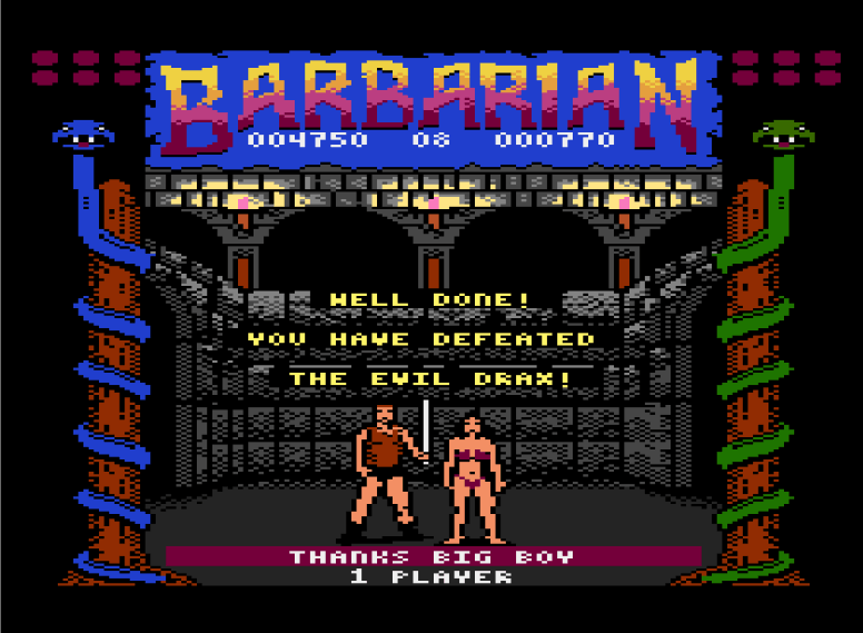 Écran de victoire dans Barbarian sur micros Atari 8-bit