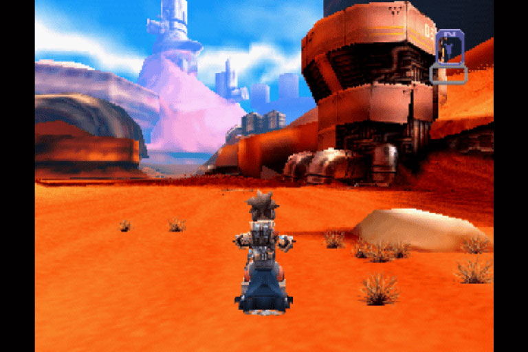 Un personnage se déplace en scooter volant dans un vaste paysage désertique dans Junk Runner sur Nintendo 64
