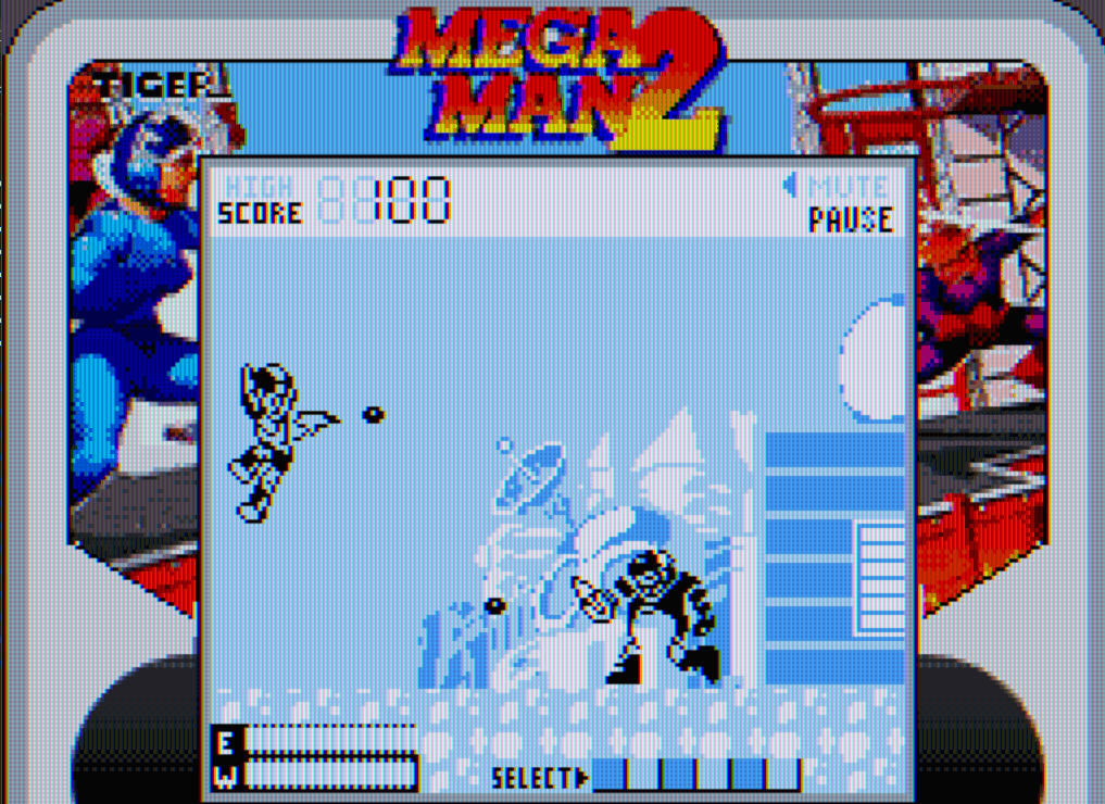Capture d'écran de MegaMan 2 The LCD Game for GameBoy (Game Boy Color) avec un marquee façon jeu électronique d'époque