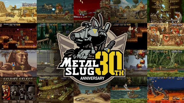 Logo des trente ans des Metal Slug devant un grand nombre de captures d'écran