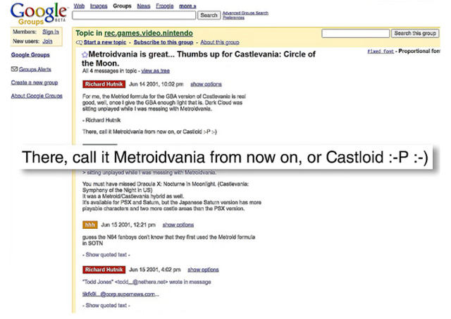 Capture d'écran d'un message de RICHARD HUTNIK dans un Google Group : "There, call it Metroidvania from now on, or Castloid"