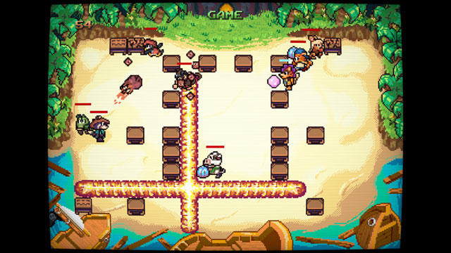 Une capture d'écran d'Overserved: Food Fighters (NeoGeo, Saturn, Windows, consoles, mobiles) qui évoque beaucoup Bomberman