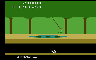 Harry se balance au-dessus d'alligators dans Pitfall! sur Atari 2600