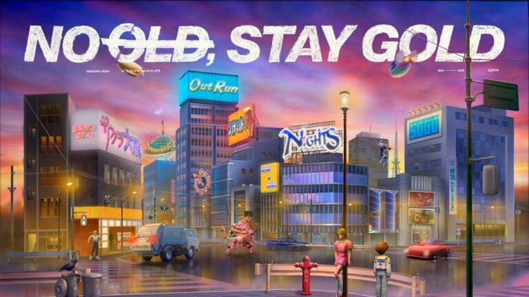 "No Old, Stay Gold" où "Old" est barré, au-dessus d'un paysage contenant des références à divers jeux SEGA