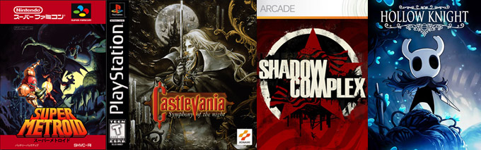 Les jaquettes de Super Metroid, Castlevania: Symphony of the Night, Shadow Complex et Hollow Knight