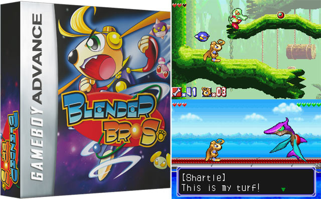 La nouvelle boite et deux captures d'écran de Blender Bros. sur Game Boy Advance