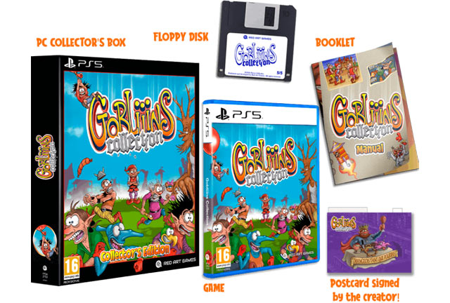 Le contenu de l'édition collector de Gobliiins Collection sur PS5 avec une Big Box, une fausse disquette, un manuel et une carte postale dédicacée