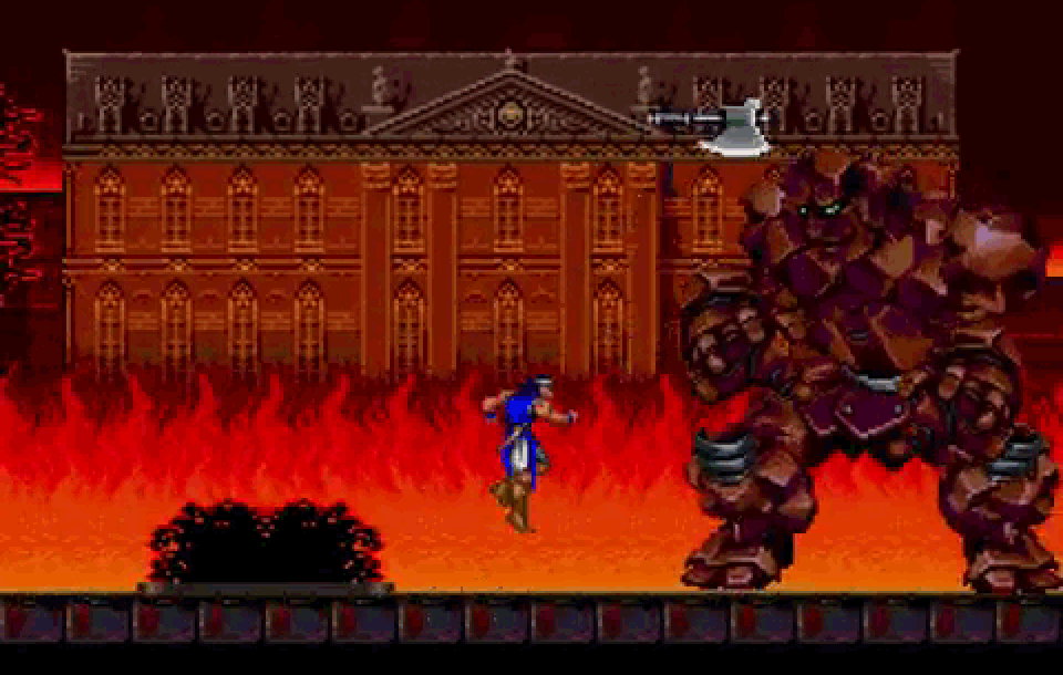 Le combat contre le golem dans le premier niveau de Castlevania: Rondo of Blood sur Mega Drive