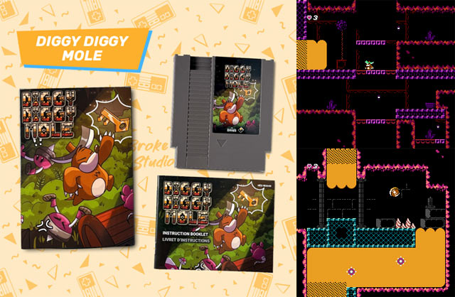 Le contenu de l'édition physique et deux captures d'écran de Diggy Diggy Mole sur NES