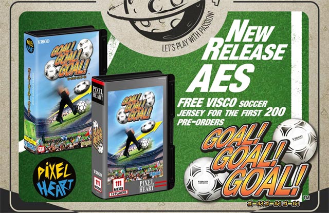 Les versions américaine et japonaise de Goal! Goal! Goal! sur NeoGeo AES avec la mention d'un maillot offert pour les 200 premières précommandes
