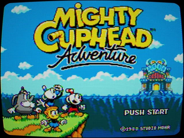 L'écran-titre de Mighty Cuphead Adventure, avec un filtre CRT et un faux copyright de 1988