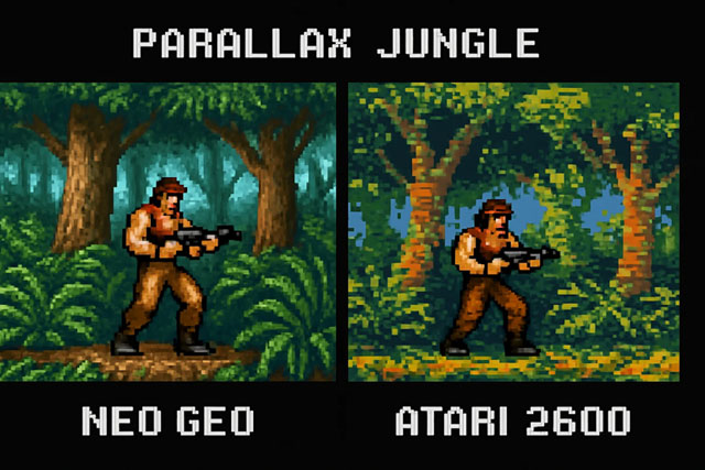 Deux fausses captures d'écran baptisées "Parallax Jungle", l'une censée tourner sur NeoGeo, l'autre sur Atari 2600