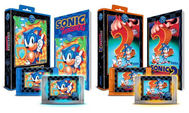 Les rééditions des deux premiers Sonic sur Mega Drive avec leurs cartouches translucides