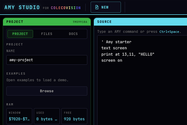 L'interface d'Amy Studio, avec un onglet projet et un onglet source pour le code
