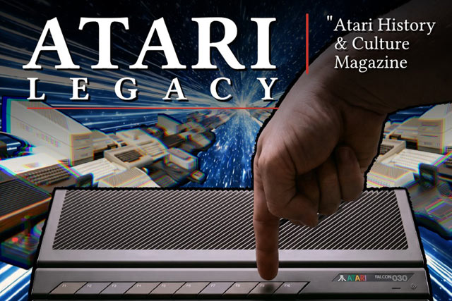 Une partie de la couverture du premier numéro de Atari Legacy, "Atari History & Culture Magazine" avec un doigt qui pointe sur la touche F9 d'un Falcon 030