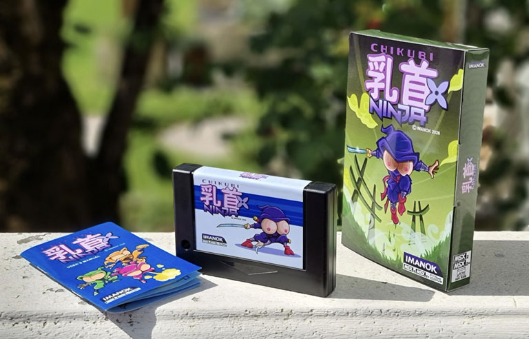 Le manuel, la cartouche et la boite de Chikubi Ninja sur MSX2