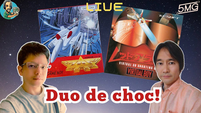 Photos de Michiaki Takahashi et Mitsuto Nagashima devant les jaquettes de ZAS et de Red Alarm avec le titre "duo de choc !"