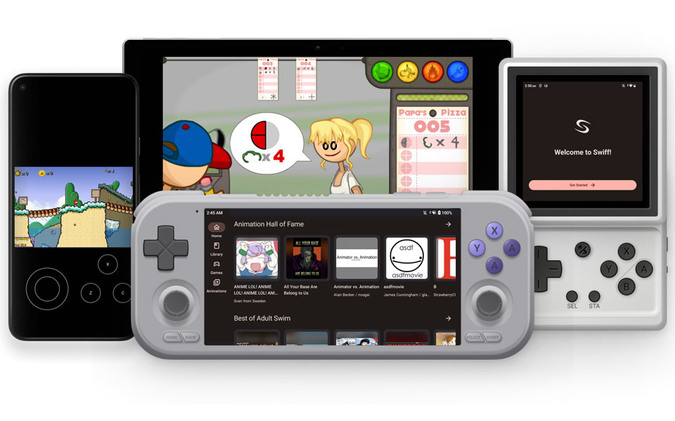 Un téléphone, une tablette et deux consoles portables Android permettant de rejouer aux contenus Flash