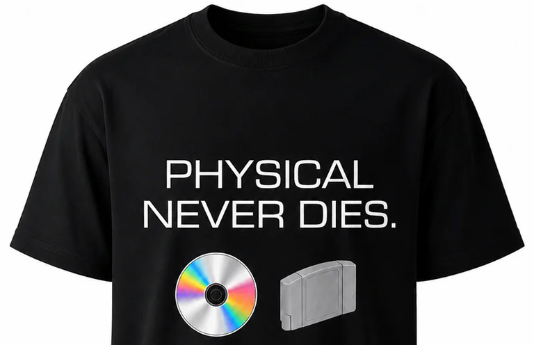 T-shirt noir "Physical Never Dies" avec un CD-ROM et une cartouche