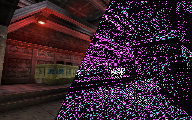 Un décor d'Unreal en split-screen avec à gauche la version de 1998 et à droite la version CGA