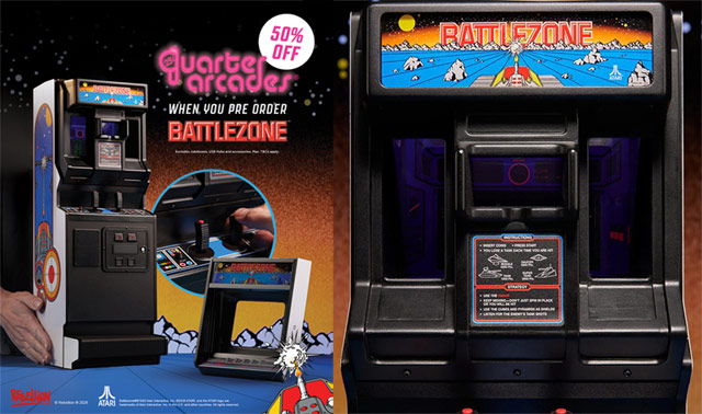 Le flyer présentant la borne Battlezone et son bezel alternatif, et un plan rapproché sur le périscope amovible