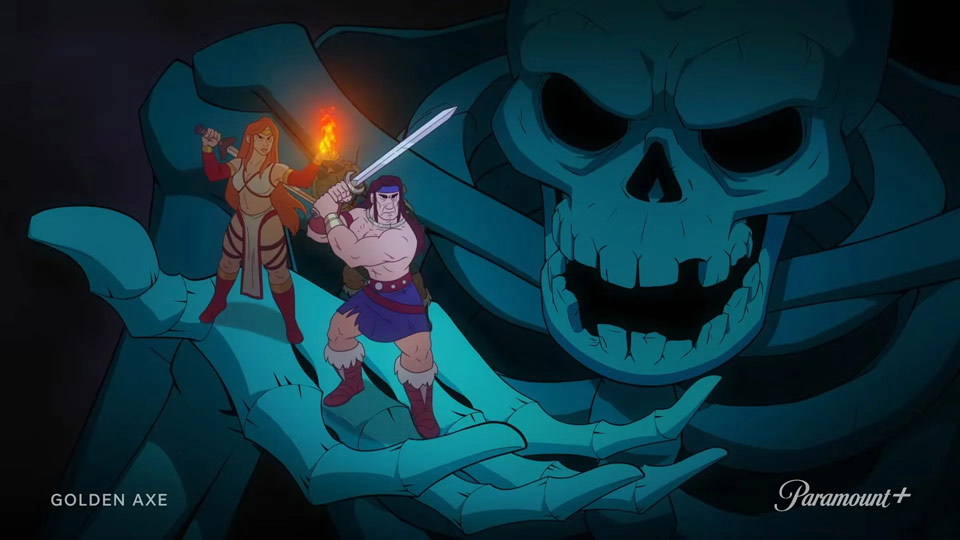 Le guerrier Ax Battler et l'amazone Tyris Flare dans la main d'un squelette géant dans le dessin animé Golden Axe sur Paramount+