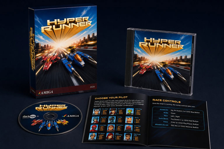 L'édition Big Box de Hyper Runner sur Amiga, contenant le jeu sur CD dans un boitier cristal et un manuel