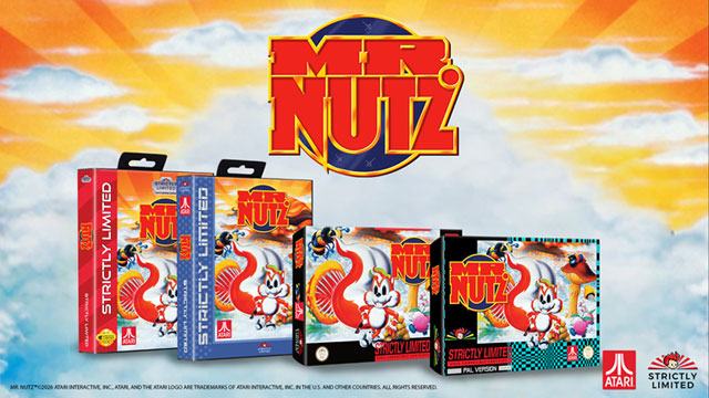 Les boitiers de Mr. Nutz sur Mega Drive et Super Nintendo, en version européenne et américaine, avec les logos d'Atari et Strictly Limited Games