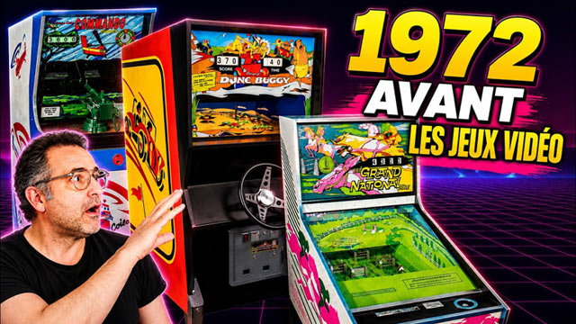 "1972 avant les jeux vidéo" devant une sélection de bornes d'arcade et Olipix