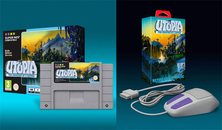 À gauche, la cartouche NTSC Super Nintendo d'Utopia et son boitier, à droite, la souris Super Nintendo et sa boite aux couleurs du jeu