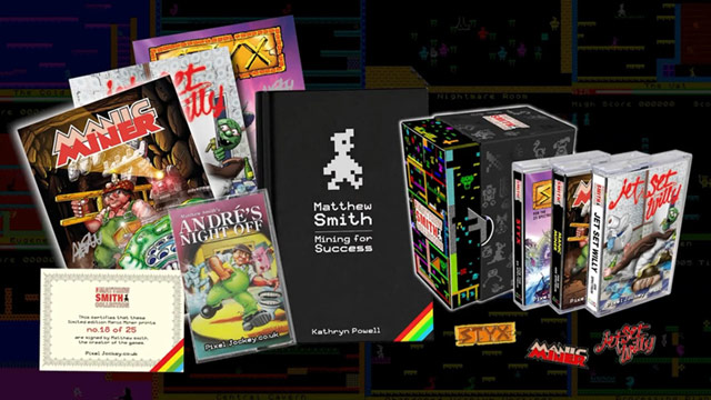 Le coffret avec les trois jeux Spectrum dans des boitiers cassettes, des pins, des posters des jaquettes, un certificat d'authenticité, un livre et la cassette du jeu Andre’s Night Off