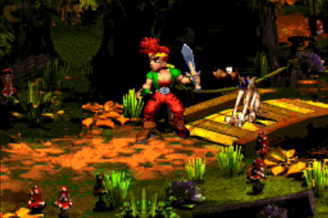 Portion de capture d'écran de Dream: Land of Giants sur Super Nintendo, avec le héros Edson suivi de son chien Dinger