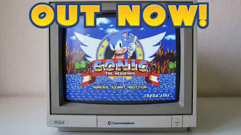 L'écran-titre de Sonic The Hedgehog sur Amiga tournant sur un moniteur Commodore