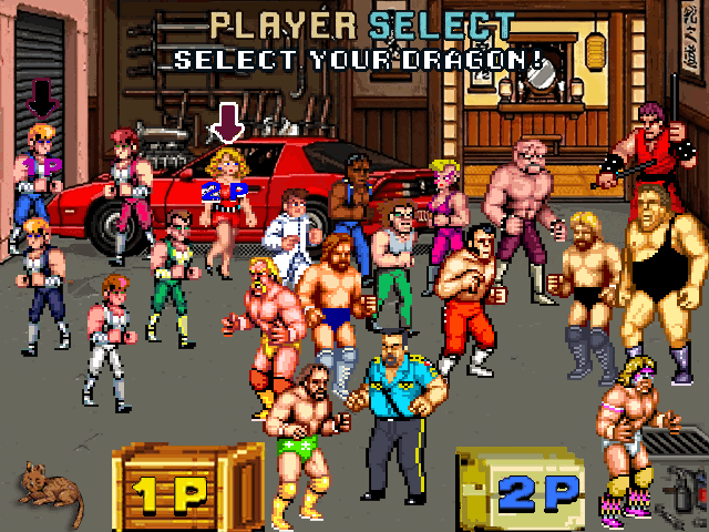 L'écran de sélection de personnage de Double Dragons avec des combattants et catcheurs de différents jeux Technos