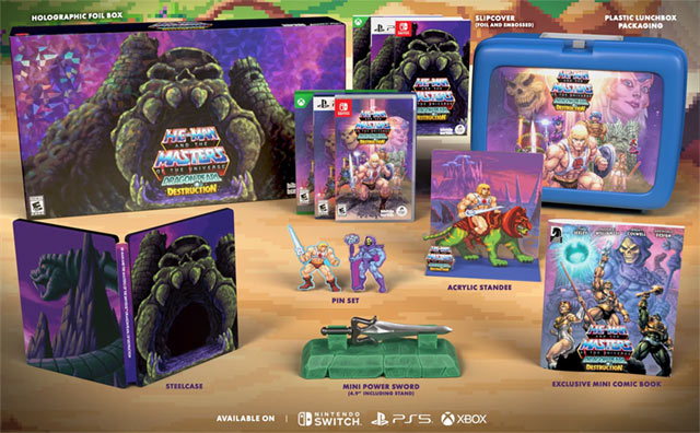 Le contenu du coffret collector de He-Man and the Masters of the Universe: Dragon Pearl of Destruction sur consoles, avec notamment un boitier métal, une bande dessinée, une épée et une lunchbox