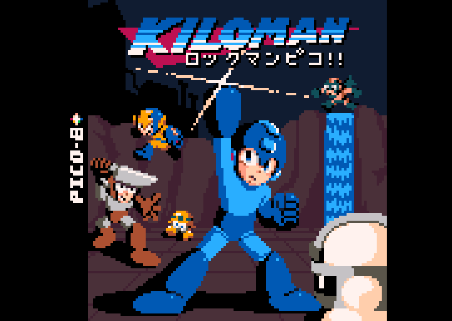 L'écran-titre de Kiloman sur Pico-8, fortement inspiré par Mega Man