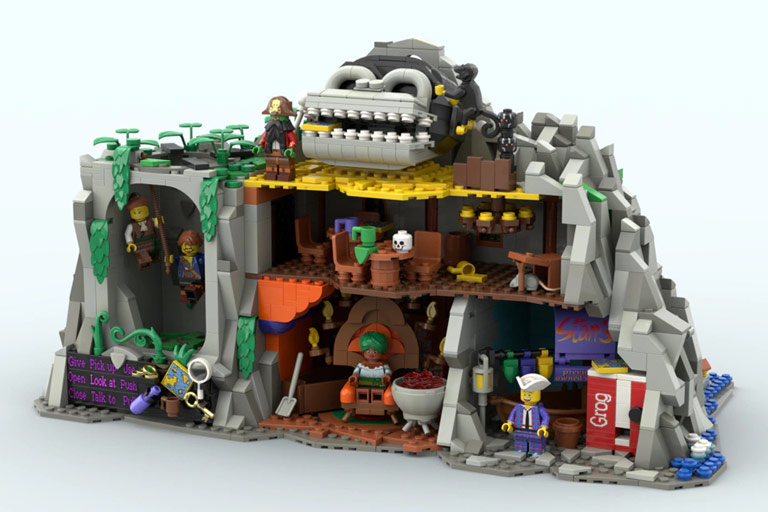 Le set LEGO dédié à Monkey Island, sorte de montagne en coupe contenant plusieurs commerces et surmontée du crâne de singe géant