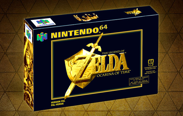 Un boitier noir et or format Nintendo 64 pour The Legend of Zelda: Ocarina of Time sur Switch 2