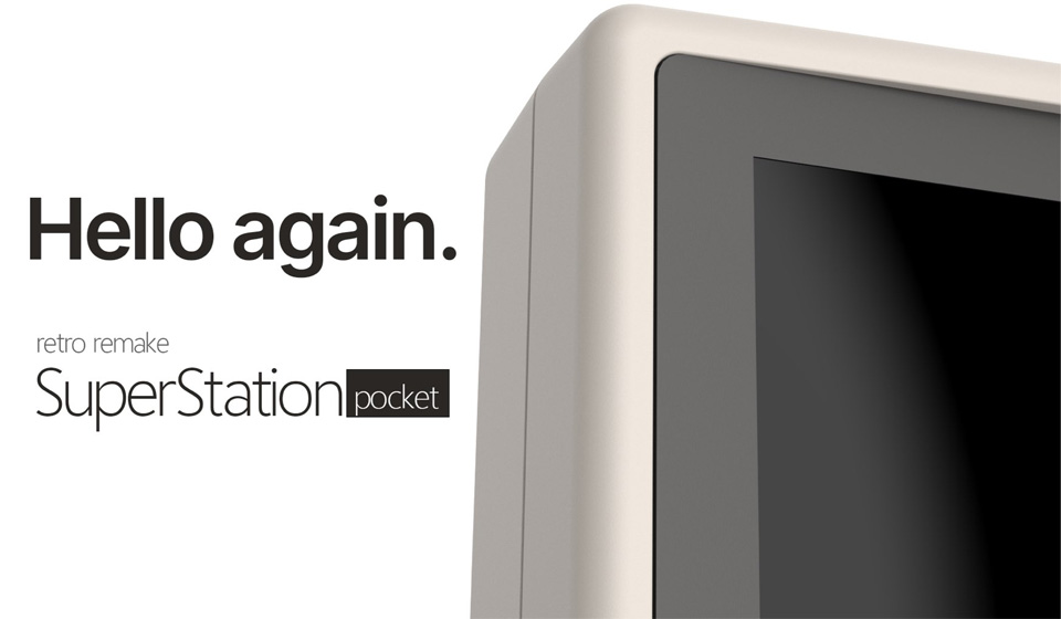 Le message "Hello again. Retro Remake SuperStation Pocket" à côté d'un morceau d'écran de ce qui semble être une console portable blanche et grise