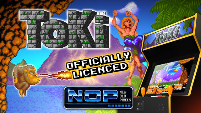 Visuel de Toki avec une borne d'arcade, la mention "officially licenced" et le logo de New Old Pixels
